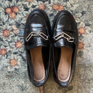 Black Patent Leather Slip-On Loafers with Chain Accent
